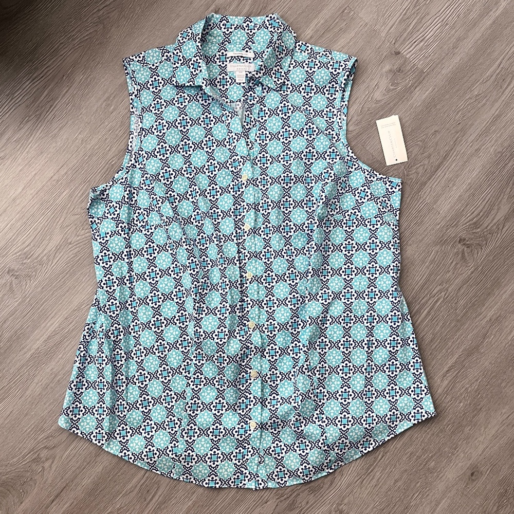 COPY- Charter Club Women's Tailored Fit Button Up Tank Top, Aqua Blue Plus 16W - Picture 1 of 7